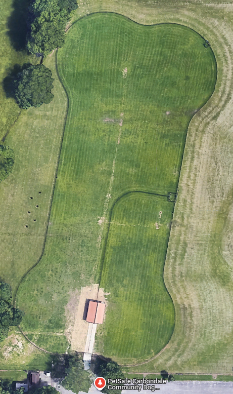 Aerial map showing that the dog park is shaped like a dog bone