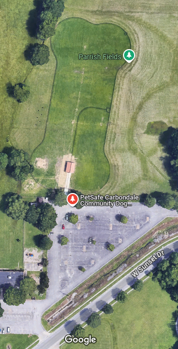 Aerial image showing the dog park and its parking lot